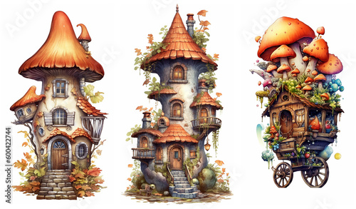 Watercolour fantasy Boletus Toadstool mushroom house. Greeting cards and envelopes artwork project set 7.