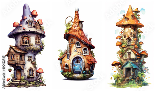 Watercolour fantasy Boletus Toadstool mushroom house. Greeting cards and envelopes artwork project set 6.
