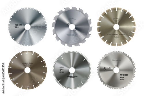 Fototapeta Realistic circular saw blade discs, vector metal, steel or wood cutting tool