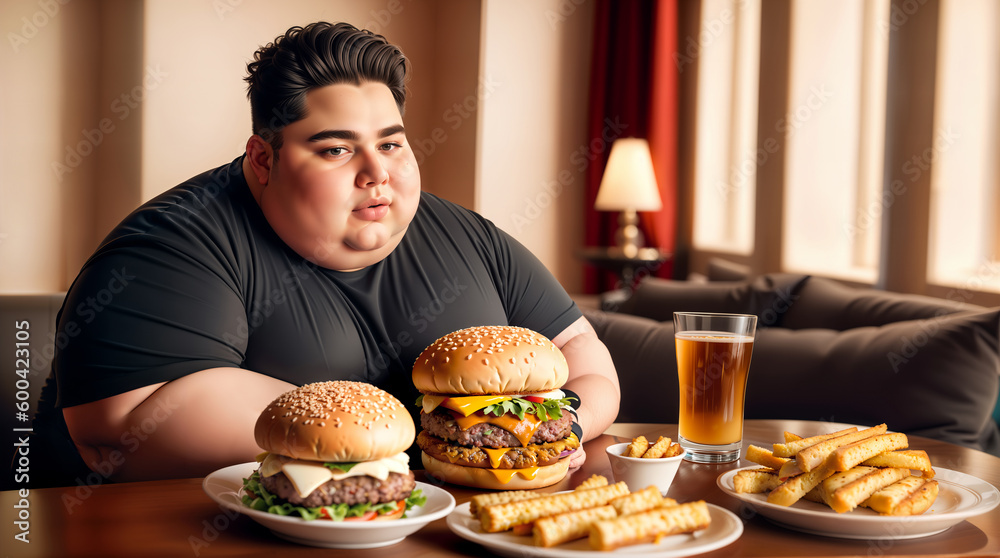 Morbidly Obese Young Man with Burgers and Fries on the Table. Morbidly Obese Young Man with Burgers and Fries on the Table.