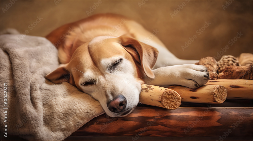 dog sleeping on the bed and wood