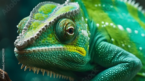 Green chameleon close up. Generative AI © PINKMAN