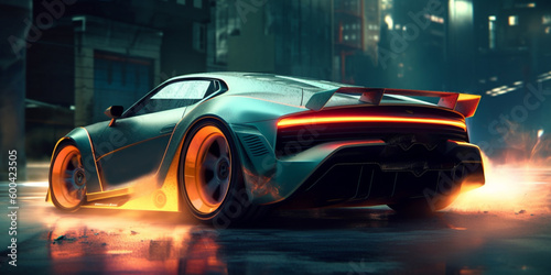 Car on the street, 3d rendering, Fast moving car on the road, drifting car with fire form tires. Supercar speeding on the road. Cinematic scene. Ai © Dijay