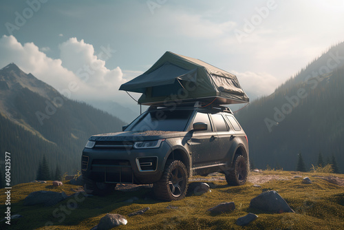 Car camping tent on the rooftop of an SUV in mountains on sunlight, tourism and vacation, AI Generative