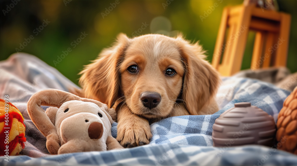 puppy sleeping on a picnic blanket with toys outside