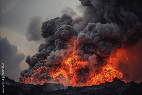 Explosive Eruption, Fiery Lava Fountains, Smoke And Steam. Generative AI