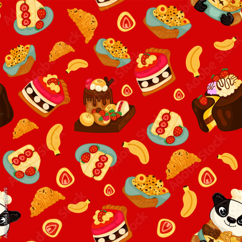 Vector seamless pattern with sweets, pastries and berries. Cakes and biscuits on coasters, cookies with crumbs, croissants, chocolate muffins hand drawn seamless background
