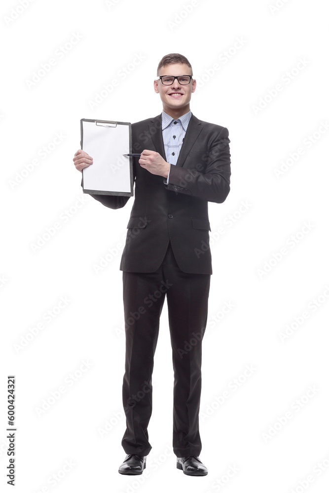 in full growth. smiling business man with clipboard . in full growth. smiling business man with clipboard .