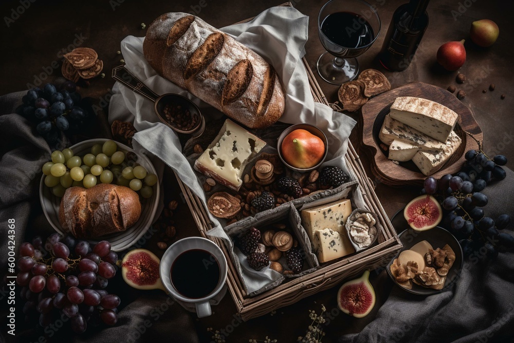 Top-down view of a food hamper with bread, cheese, wine and fruits. Generative AI