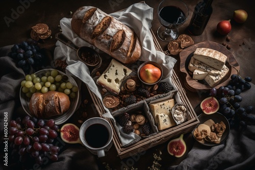 Top-down view of a food hamper with bread  cheese  wine and fruits. Generative AI