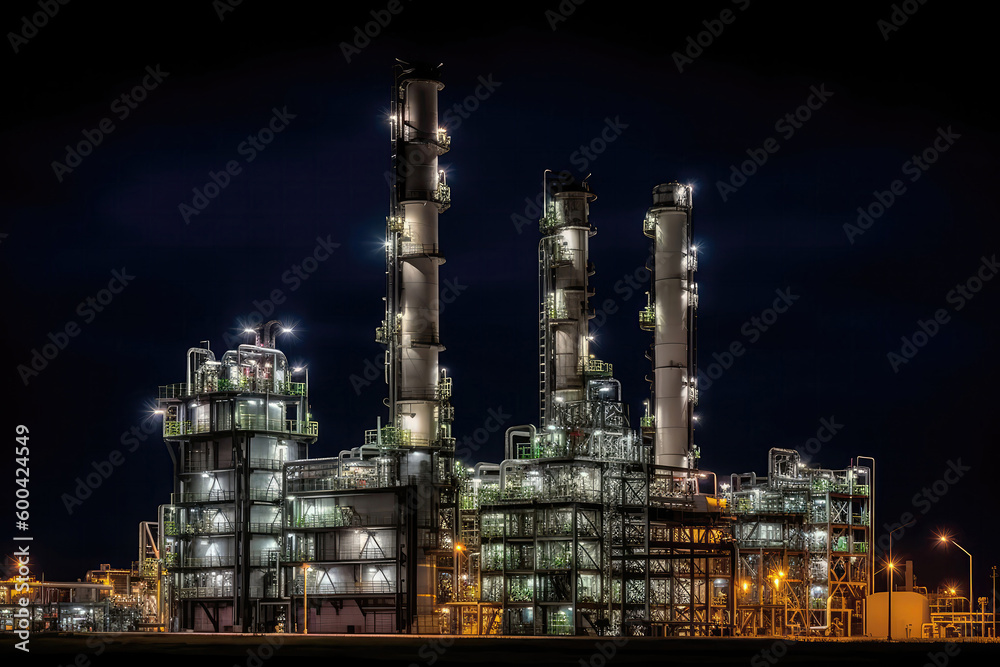 Oil Refinery Towers, Processing Crude Oil. Generative AI