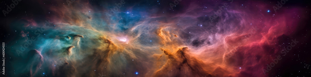 Orion Nebula, Gas And Dust Clouds, Stellar Nursery. Panoramic Banner. Generative AI
