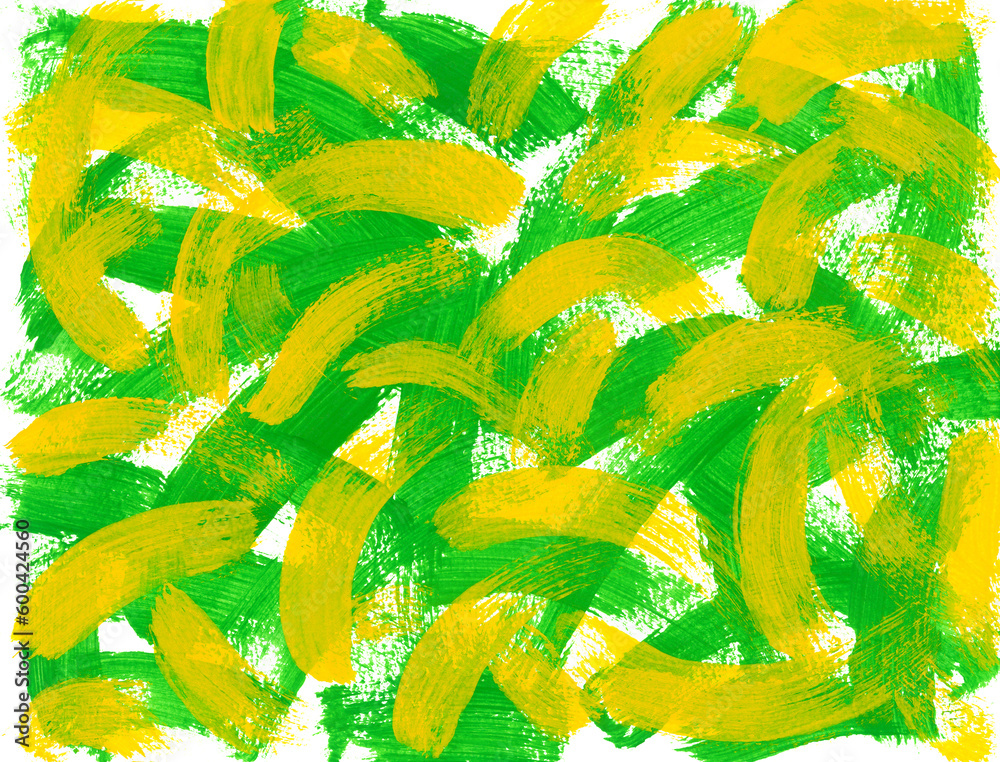 Acrylic arched brushstrokes of yellow and green paint on textured horizontal white canvas. Abstract artistic painted texture background with place for text. Spring or summer mood concept.