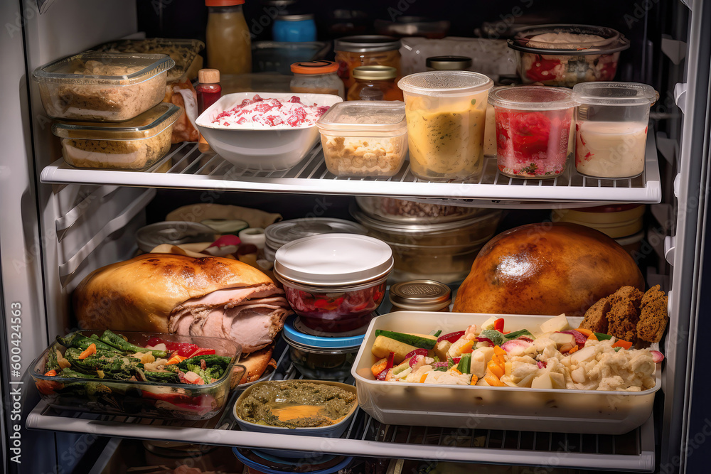 Refrigerator With Holiday Leftovers, Turkey, Ham, And Stuffing. Generative AI