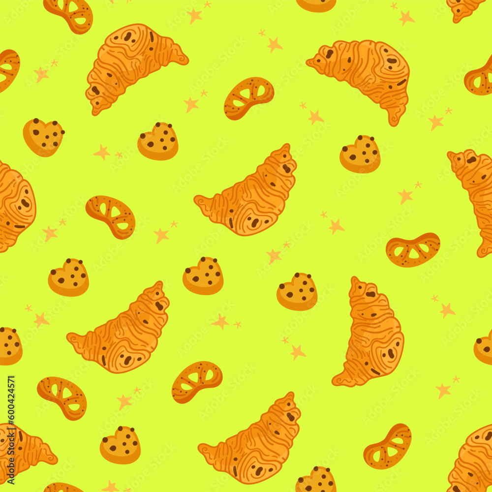 Vector seamless pattern with sweets, pastries and berries. Cakes and biscuits on coasters, cookies with crumbs, croissants, chocolate muffins hand drawn seamless background Vector seamless pattern with sweets, pastries and berries. Cakes and biscuits on coasters, cookies with crumbs, croissants, chocolate muffins hand drawn seamless background