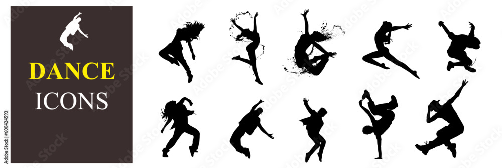 Dance icon boy and girl  Children dancing street dance silhouette vector illustration. Group people dancing silhouette set. Figure happy active young men and women simple cartoon collection - obrazy, fototapety, plakaty 