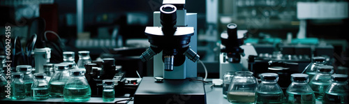 Hospital Laboratory, Microscope, Test Tubes, Scientific Research. Panorama Banner. Generative AI
