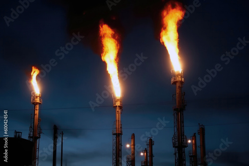 Oil Refinery Flare Stacks, Combustion Byproducts. Generative AI