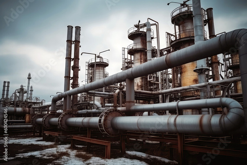 Oil Refinery Pipes And Valves, Chemical Processing. Generative AI