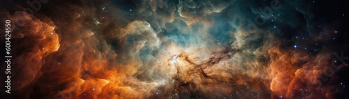 Orion Nebula  Gas And Dust Clouds  Stellar Nursery. Panoramic Banner. Generative AI