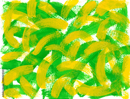 Obraz na płótnie Acrylic arched brushstrokes of yellow and green paint on textured horizontal white canvas. Abstract artistic painted texture background with place for text. Spring or summer mood concept. w salonie