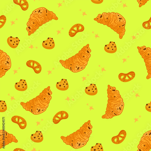 Vector seamless pattern with sweets, pastries and berries. Cakes and biscuits on coasters, cookies with crumbs, croissants, chocolate muffins hand drawn seamless background