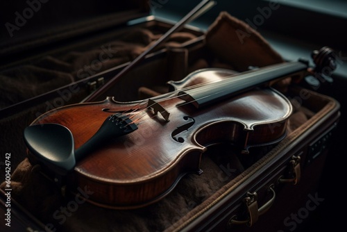 A violin placed adjacent to a suitcase on a surface. Generative AI