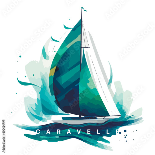 Sailing boat on the water, vector logo, colored caravelle emblem.