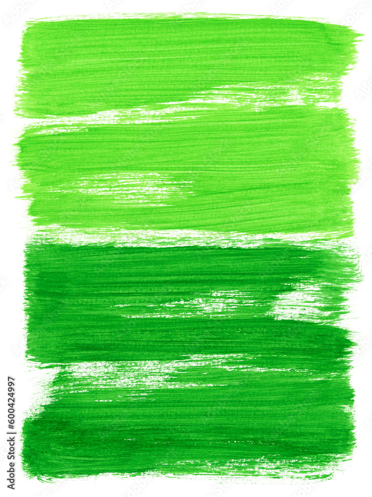Light green and dark green acrylic paint big brushstrokes isolated on white background. Hand painted vertical artistic backdrop with place for text. Design template, banner, frame.