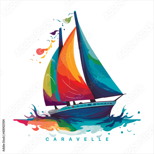 Sailing boat on the water, vector logo, colored caravelle emblem.
