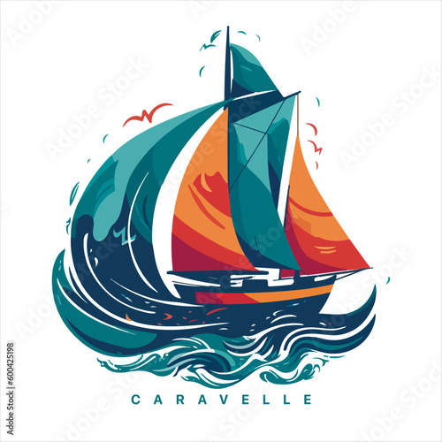 Sailing boat on the water, vector logo, colored caravelle emblem.