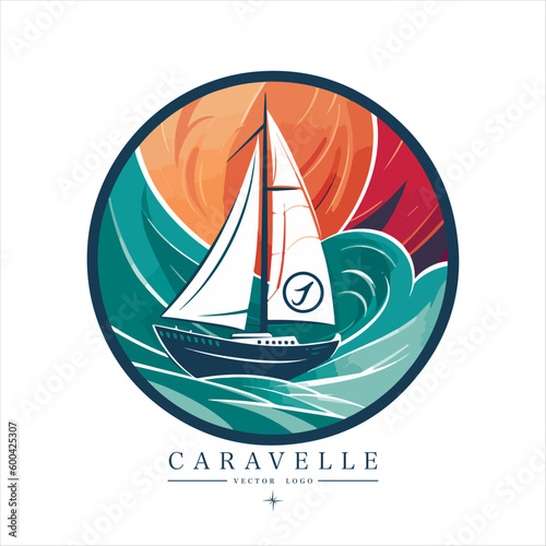 Sailing boat on the water, vector logo, colored caravelle emblem.