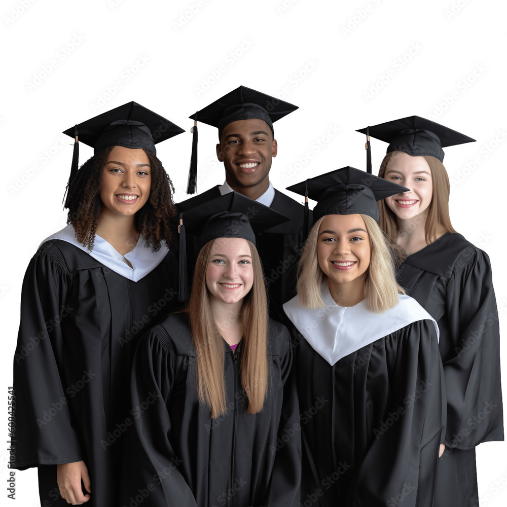 A group of young adults wearing graduation cap on transparent background