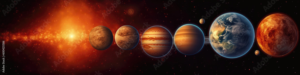 Solar System Planets, Sun In The Center, Celestial Bodies. Panoramic Banner. Generative AI