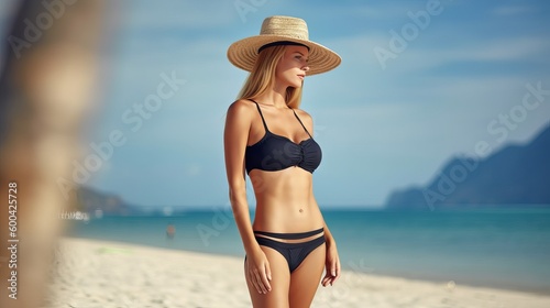 A beautiful young woman in a bikini walking on the beach. - Generative Ai