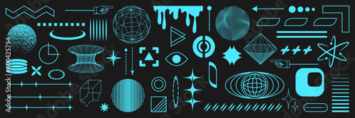 Retrofuturistic geometry elements set with icons and digital shapes for apparel, t-shirt, merch, posters, covers, flyers. Vector elements set vaporwave and y2k style abstract shapes.