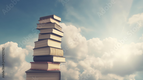 Abstract book stack with ladder on sky with clouds background. Ladder going on top of huge stack of books. Education and growth concept. 3D Rendering. Generative AI 