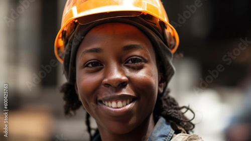 Woman builder, working at construction site, renovation, close up portrait, diversity - positive smiling, generative ai © OpticalDesign