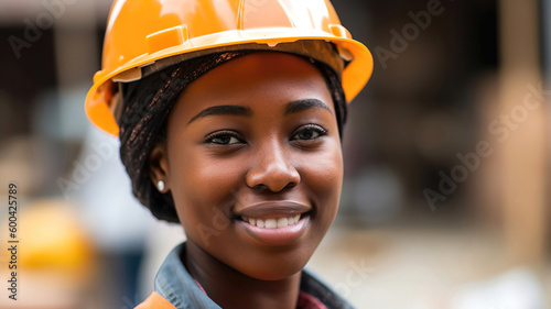 Woman builder, working at construction site, renovation, close up portrait, diversity - positive smiling, generative ai