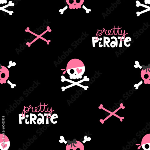 Pretty Pirate pattern - Cute sea adventures collection. Girl pirate scull. Funny pirate party elements for kids.