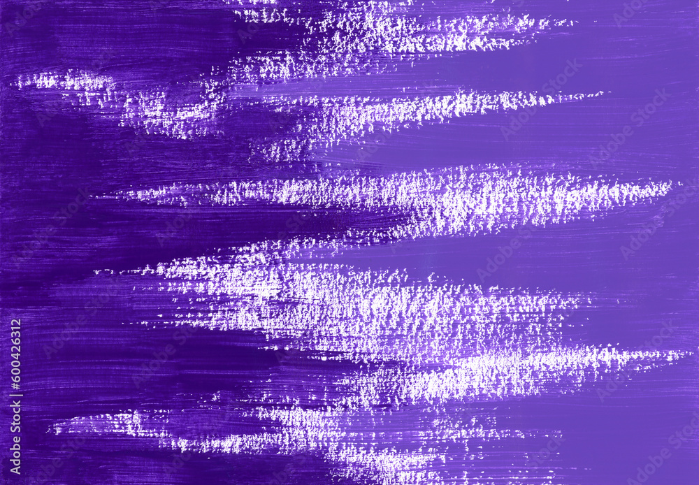 Abstract acrylic dark violet and light violet paint texture. Brushstrokes of different shades violet paint from two sides of horizontal canvas. Artistic background with place for text.