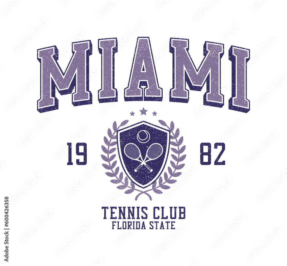 Miami, Florida tennis club t-shirt design. College style tee shirt with tennis ball, racquet and college shield. Sport apparel print. Vector illustration. - obrazy, fototapety, plakaty 