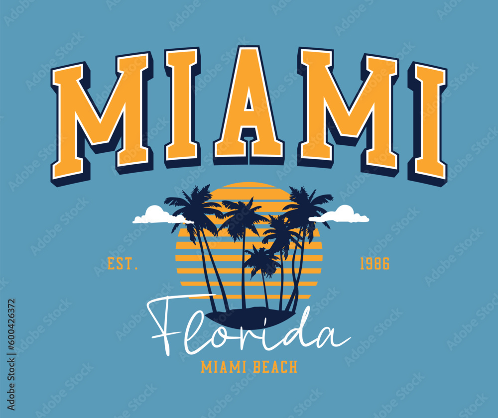 Obraz premium Miami, Florida t-shirt design with palm trees and sun. Miami beach college style slogan print. Tee shirt and apparel print design. Vector illustration.