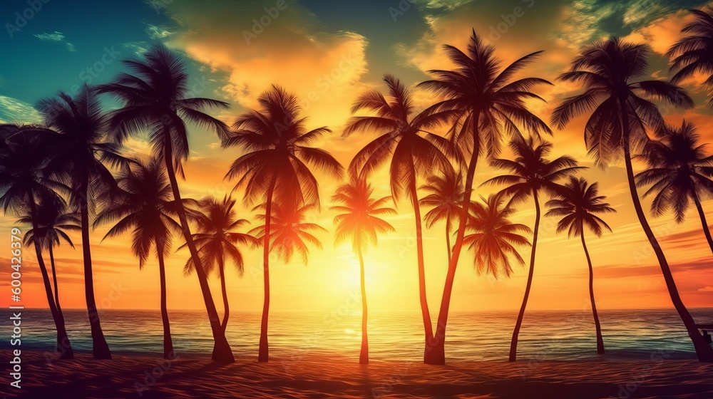 Fototapeta premium Sunset on the beach, palm tree silhouettes, - Generative Ai