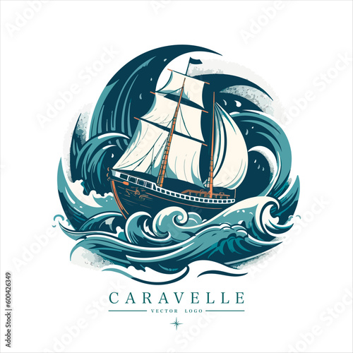 Sailing boat on the water, vector logo, colored caravelle emblem.