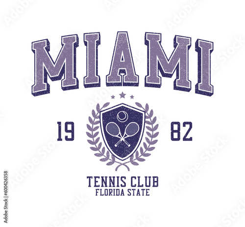 Miami, Florida tennis club t-shirt design. College style tee shirt with tennis ball, racquet and college shield. Sport apparel print. Vector illustration.