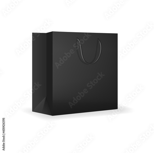 Paper shopping bag with black rope handle mockup. Shop paper paperbag, cardboard shopping bag or boutique purchase packet 3d vector mockup. Isolated store shopper realistic design template or mock up
