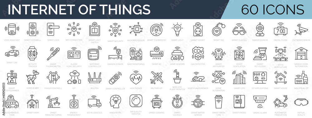 Set of 60 line icons related to IOT, internet of things, smart house, innovation. Outline icon collection. Editable stroke. Vector illustration - obrazy, fototapety, plakaty 