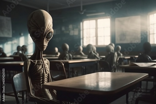 Alien at school is looking at camera. Student sits at desk in classroom. Training program. Learning concept. Realistic photo created by artificial intelligence. Generative AI. Light in window. Table