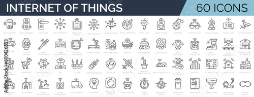 Set of 60 line icons related to IOT, internet of things, smart house, innovation. Outline icon collection. Editable stroke. Vector illustration